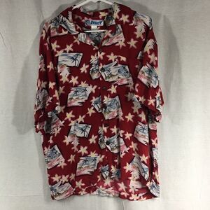 Medium Hawaiian shirt Utility maroon red button front palm tree floral